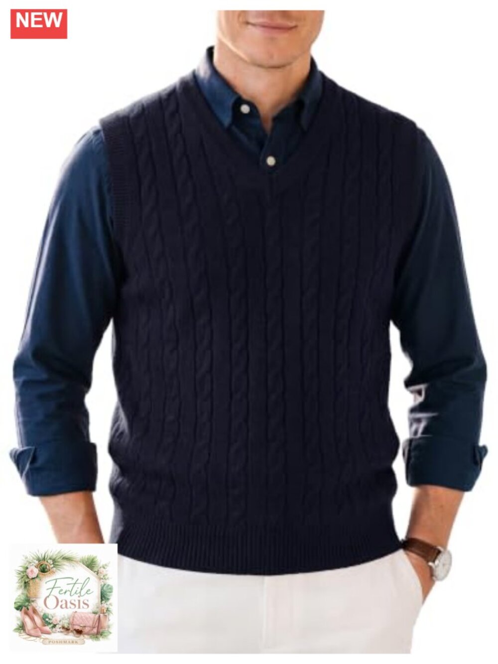 Men's Wool-Blend Knit Sleeveless V-Neck Sweater Vest Cable Pattern